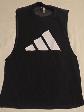Adidas Black Sleeveless Muscle Tank with White Logo & Mesh Back